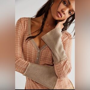 Free People Button Down Top in Peach and Beige